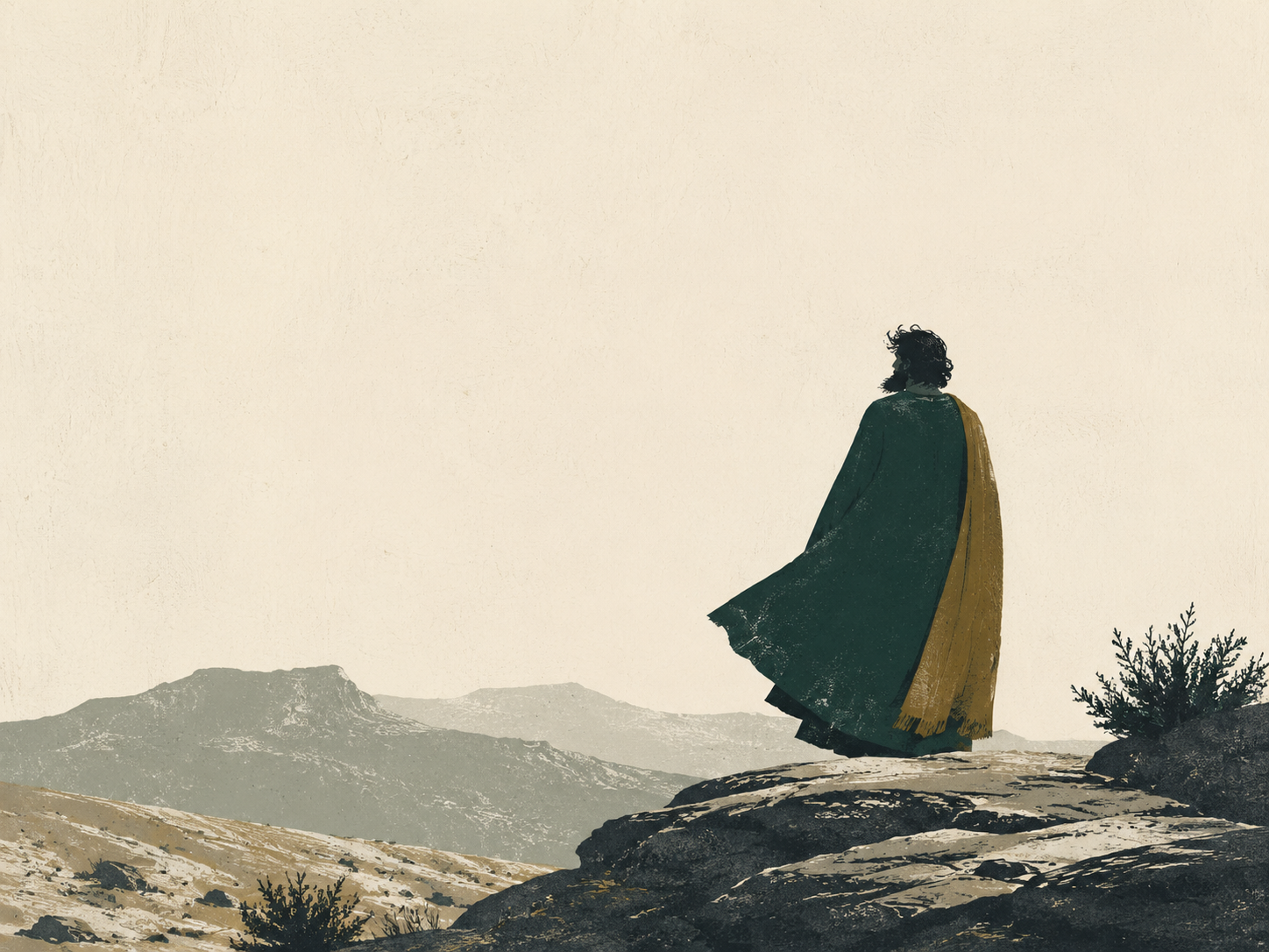 Minimalistische Darstellung des Propheten Elias in einer kargen Landschaft
